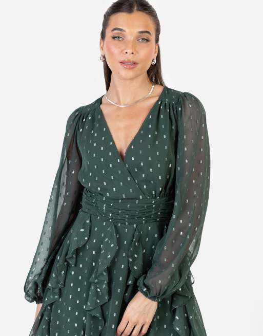 Anaya Faux wrap long sleeve ruffle mini dress in dark green, 3 of 4