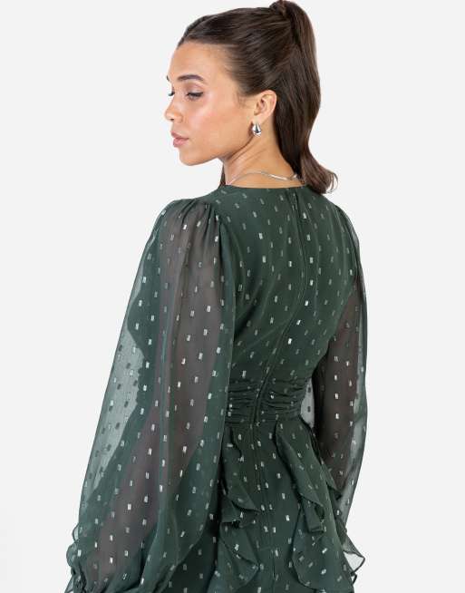 Anaya Faux wrap long sleeve ruffle mini dress in dark green, 4 of 4