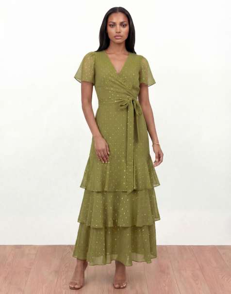 Anaya Faux wrap ruffle midaxi dress in olive