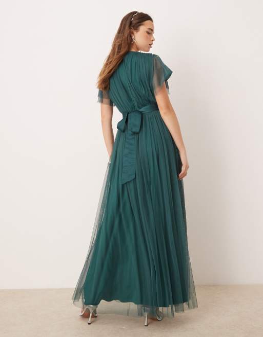 Anaya Faux wrap short sleeve bridesmaid maxi dress in emerald