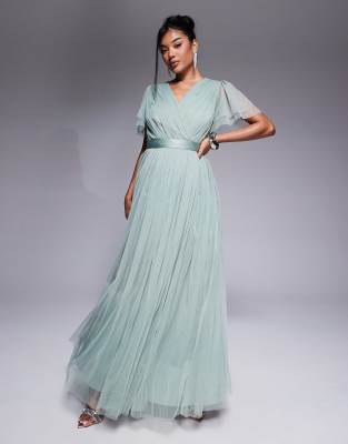 asos Anaya Faux wrap short sleeve bridesmaid maxi dress in frosty green
