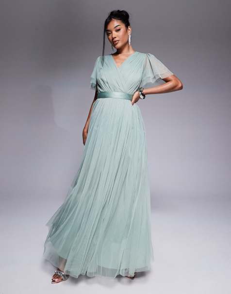 Anaya Faux wrap short sleeve bridesmaid maxi dress in frosty green - view 1