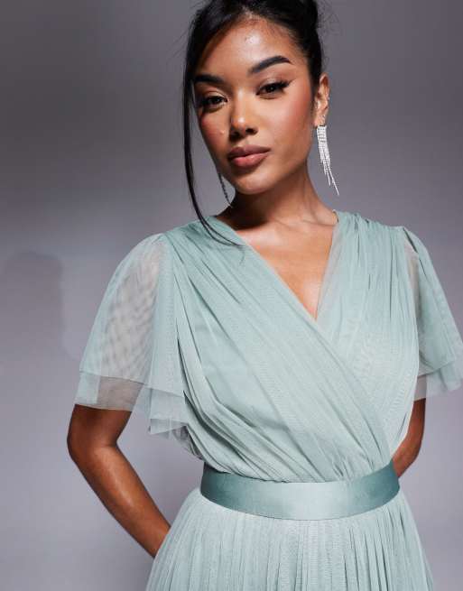 Anaya Faux wrap short sleeve bridesmaid maxi dress in frosty green