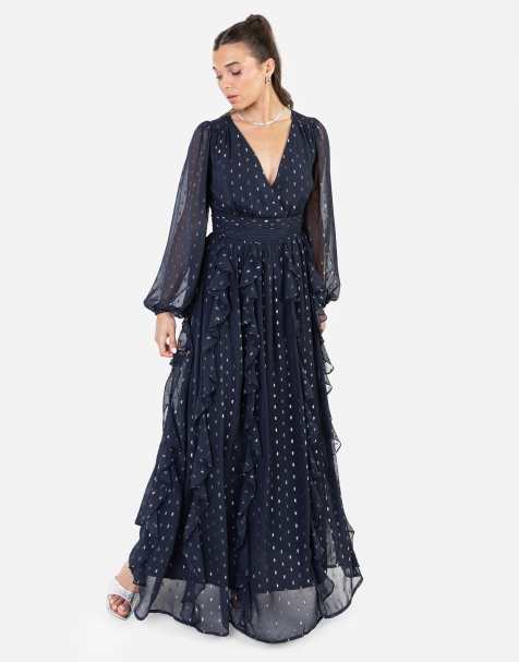 Anaya Faux wrap waterfall ruffle dobby maxi dress in navy - view 1