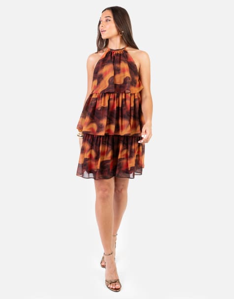 Anaya Fire marbel print halter neck tiered swing mini dress in multi - view 1