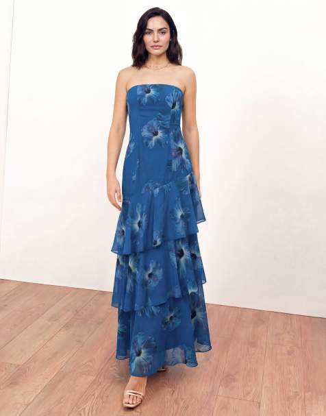 Anaya Floral bandeau ruffled maxi dress in blue