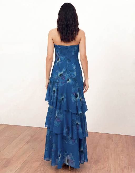 Anaya Floral bandeau ruffled maxi dress in blue, 4 of 4