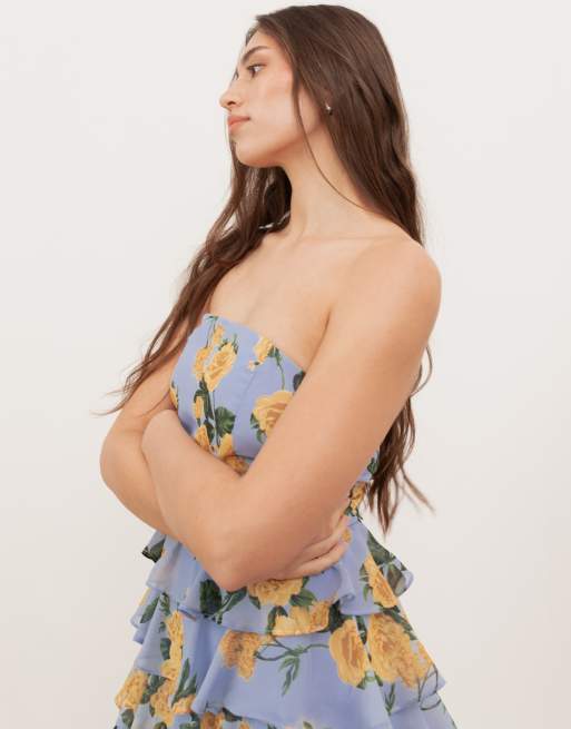 Anaya Floral bandeau tiered maxi dress in blue, 2 of 4