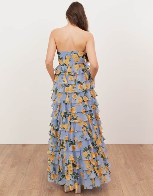 Anaya Floral bandeau tiered maxi dress in blue, 4 of 4