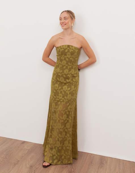 Anaya Floral burnout bandeau maxi dress in golden olive - view 1