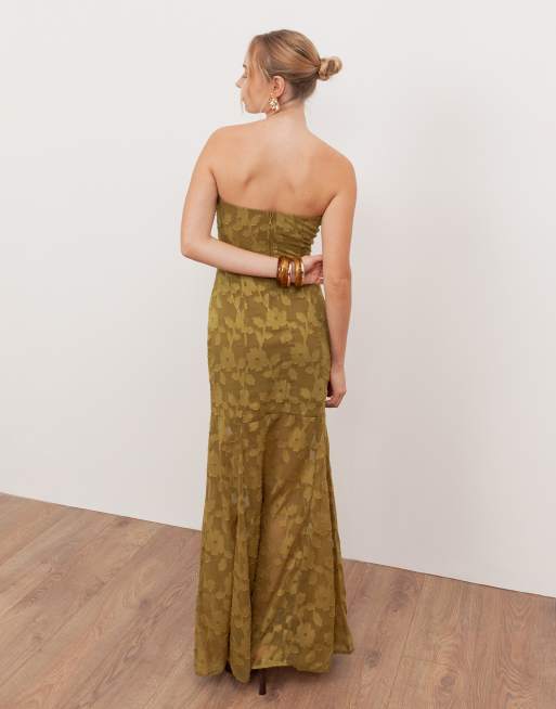 Anaya Floral burnout bandeau maxi dress in golden olive, 3 of 4
