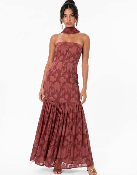 Anaya Floral burnout bandeau maxi dress in rusted rose
