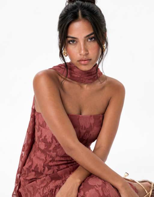 Anaya Floral burnout bandeau maxi dress in rusted rose, 3 of 6