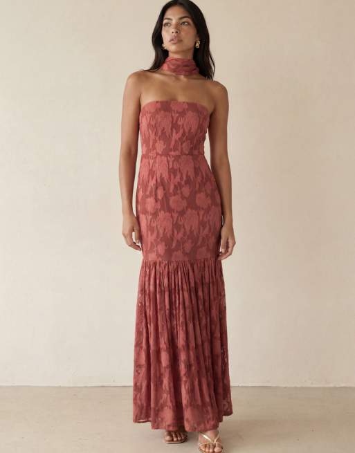 Anaya Floral burnout bandeau maxi dress in rusted rose, 5 of 6
