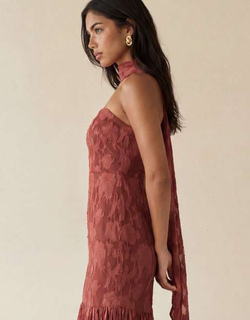 Anaya Floral burnout bandeau maxi dress in rusted rose, 6 of 6