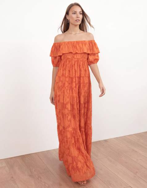 Anaya Floral burnout bardot tiered maxi dress in spiced orange