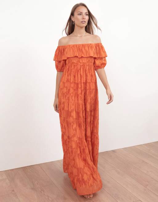 knee length dresses for ladies White Tiered Bardot Maxi Dress