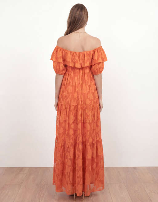 Anaya Floral burnout bardot tiered maxi dress in spiced orange, 4 of 4