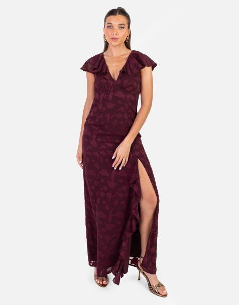 Anaya Floral burnout cape sleeve ruffle maxi dress in maroon
