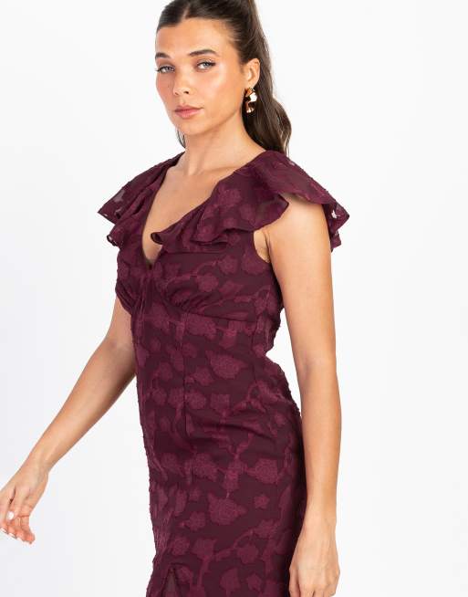 Anaya Floral burnout cape sleeve ruffle maxi dress in maroon, 3 of 4
