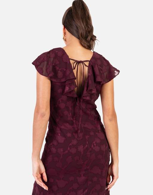 Anaya Floral burnout cape sleeve ruffle maxi dress in maroon, 4 of 4