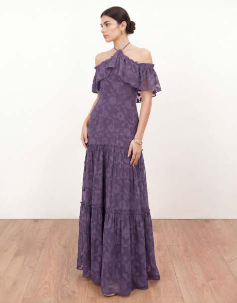 Anaya Floral burnout cold shoulder halter neck maxi dress in violet