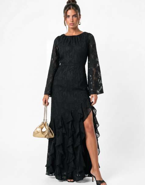 Anaya Floral burnout gathered round neck waterfall ruffle maxi dress in black - view 1