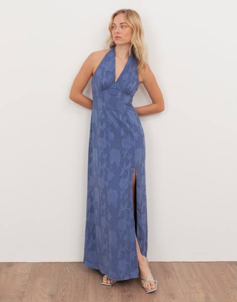 Anaya Floral burnout halter neck maxi dress in azure blue