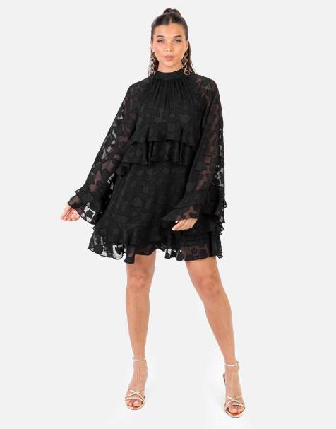 Anaya Floral burnout high neck ruffle sleeve shift mini dress in black - view 1