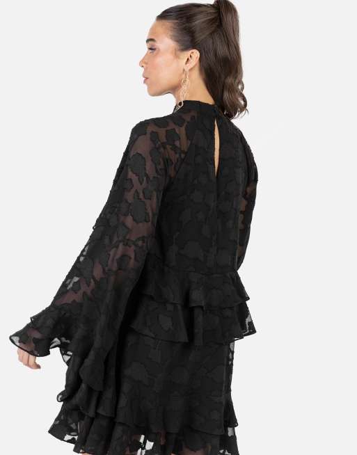 Anaya Floral burnout high neck ruffle sleeve shift mini dress in black |  ASOS