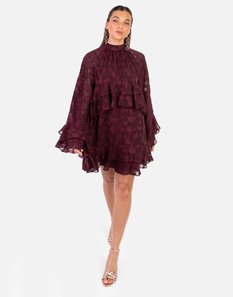 Anaya Floral burnout high neck ruffle sleeve shift mini dress in maroon