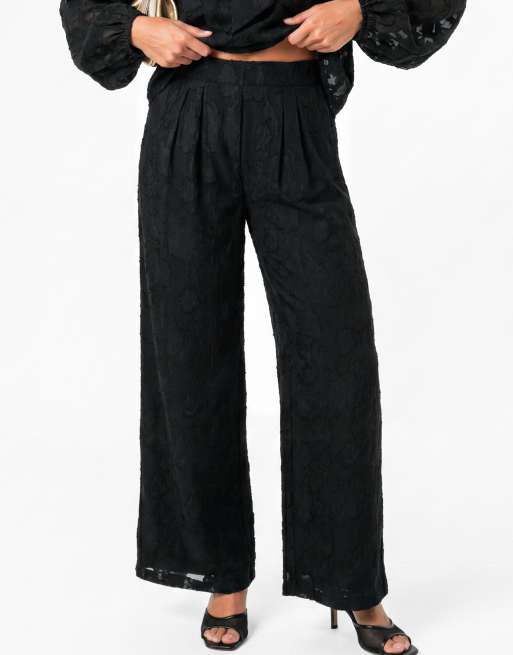 Anaya Floral burnout high waist wide leg trousers in black, 3 of 5