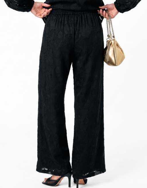 Anaya Floral burnout high waist wide leg trousers in black, 4 of 5