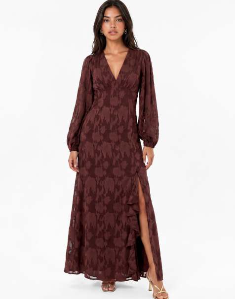 Anaya Floral burnout long sleeve ruffle maxi dress in chocolate truffle - view 1