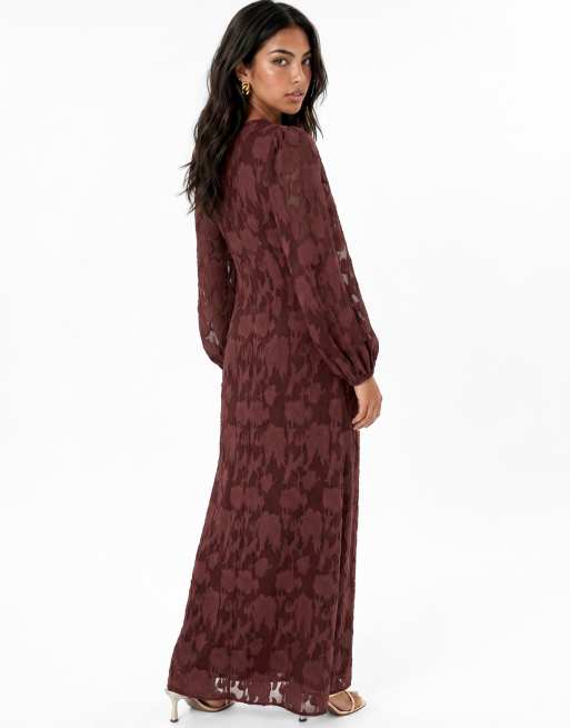 Anaya Floral burnout long sleeve ruffle maxi dress in chocolate truffle, 2 of 4
