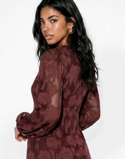 Anaya Floral burnout long sleeve ruffle maxi dress in chocolate truffle, 4 of 4
