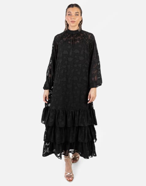 Anaya Floral burnout long sleeve trapeze midaxi dress in black