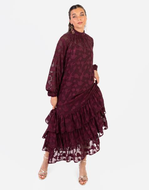 Anaya Floral burnout long sleeve trapeze midaxi dress in maroon