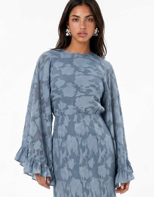 Anaya Floral burnout oversized ruffle sleeve maxi dress in opal blue, 3 of 4