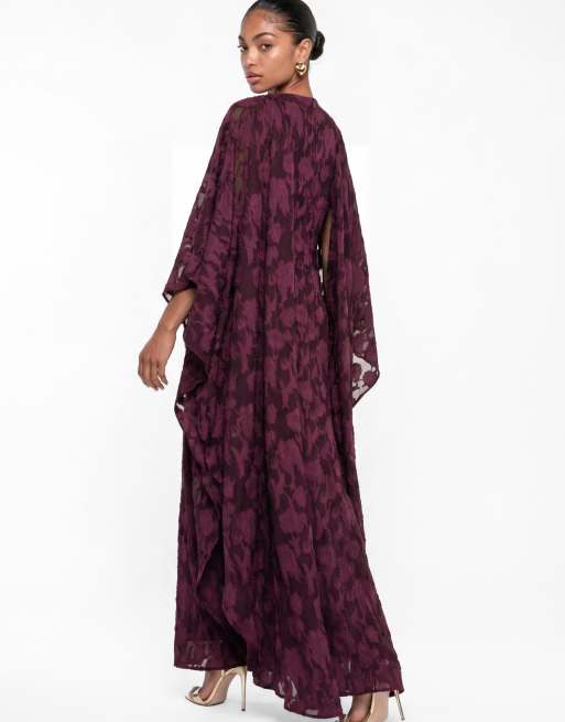Anaya Floral burnout round neck cape sleeve maxi dress in fig, 2 of 6