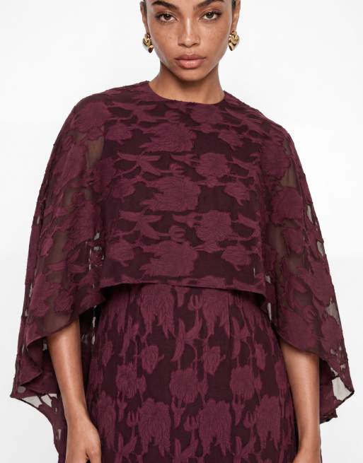 Anaya Floral burnout round neck cape sleeve maxi dress in fig, 3 of 6