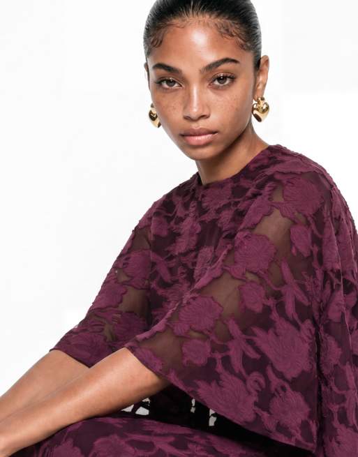 Anaya Floral burnout round neck cape sleeve maxi dress in fig, 4 of 6