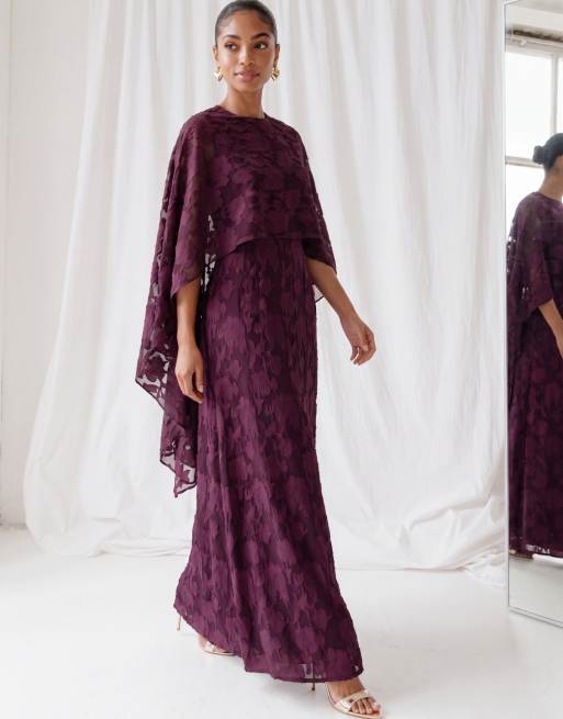 Anaya Floral burnout round neck cape sleeve maxi dress in fig, 6 of 6