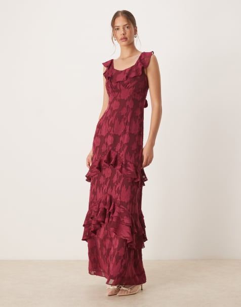 Anaya Floral burnout ruffle maxi dress in dark raspberry