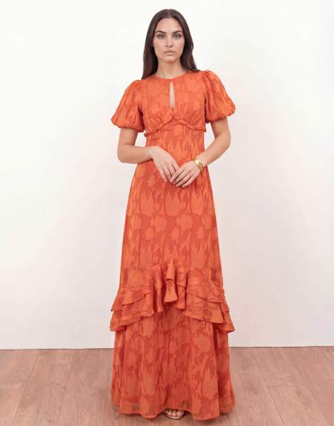 Anaya Floral burnout short sleeve maxi dress in spiced orange