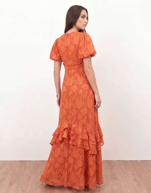 Anaya Floral burnout short sleeve maxi dress in spiced orange, 3 of 4