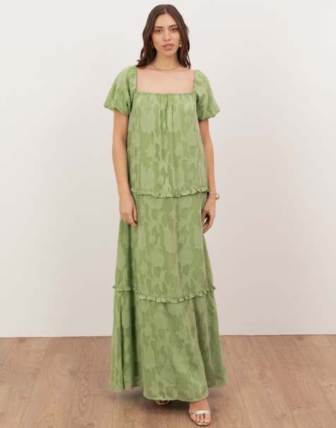 Anaya Floral burnout short sleeve tiered maxi dress in green tea - view 1