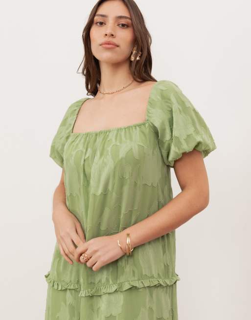 Anaya Floral burnout short sleeve tiered maxi dress in green tea, 2 of 4