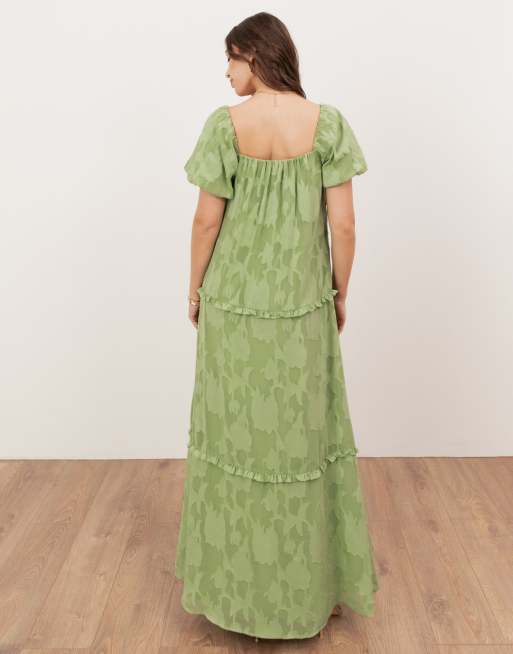 Anaya Floral burnout short sleeve tiered maxi dress in green tea, 3 of 4