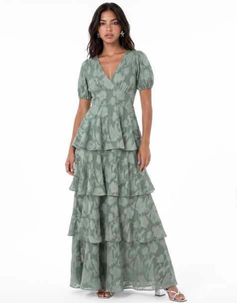 Anaya Floral burnout short sleeve tiered maxi dress in willow green - view 1